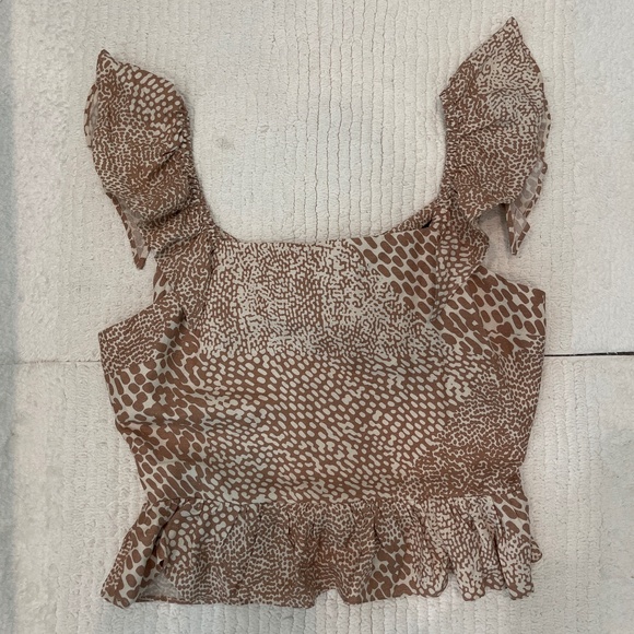 Express Blouse Women's Size L Brown Linen Blend Leopard Peplum Cutout Crop - Picture 1 of 9